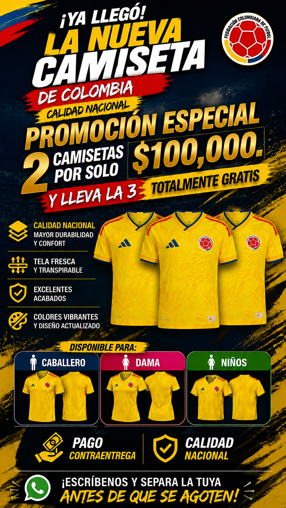 3 Camisetas Oficial Colombia Mundial 2026